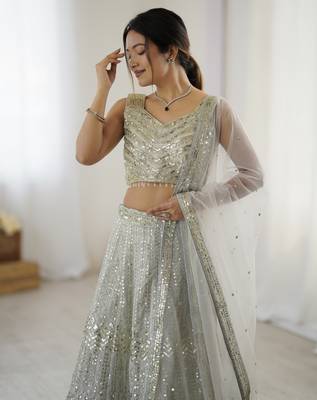 Attractive Grey Sequins and Dori Embroidered Georgette indian designer wedding and party wear lehenga dress 3