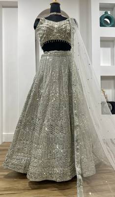 Attractive Grey Sequins and Dori Embroidered Georgette indian designer wedding and party wear lehenga dress 6