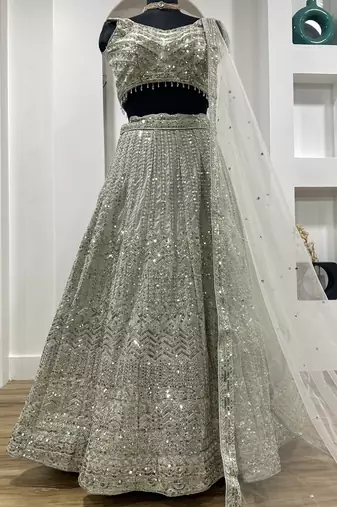 Attractive Grey Sequins and Dori Embroidered Georgette indian designer wedding and party wear lehenga dress