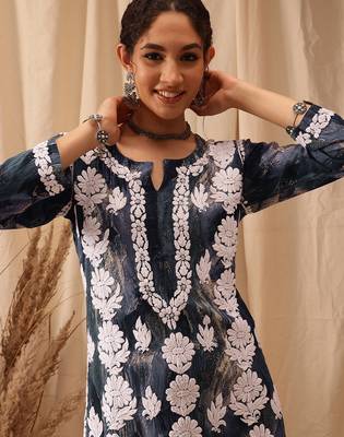 hand embroidered blue rayon lucknowi chikankari straight kurta 6