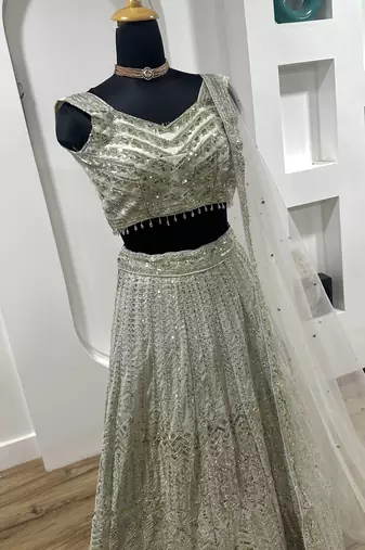 Attractive Grey Sequins and Dori Embroidered Georgette indian designer wedding and party wear lehenga dress