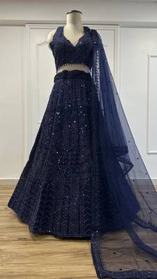 Glamorous Navy-Blue Sequins and Dori Embroidered Net fabric indian designer wedding and party wear lehenga dress 7