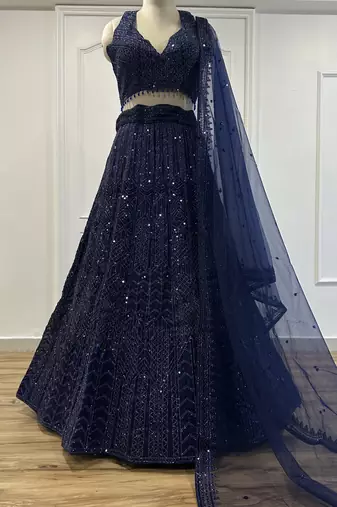 Glamorous Navy-Blue Sequins and Dori Embroidered Net fabric indian designer wedding and party wear lehenga dress
