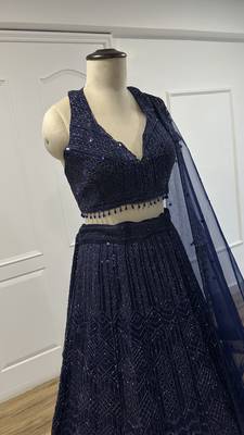 Glamorous Navy-Blue Sequins and Dori Embroidered Net fabric indian designer wedding and party wear lehenga dress 8