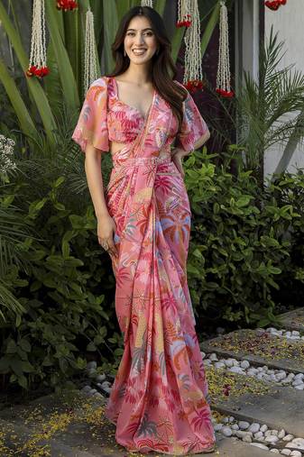 Peach georgette jungle print ready to wear  saree