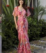 ready to wear peach georgette jungle print  saree