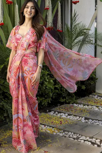 ready to wear peach georgette jungle print  saree