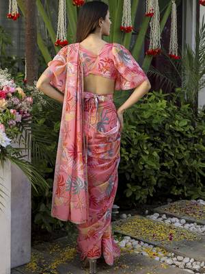 pre-stitched peach georgette jungle print saree 4