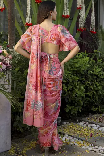 ready to wear peach georgette jungle print  saree