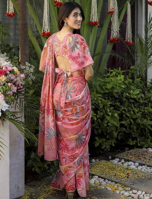 pre-stitched peach georgette jungle print saree 5