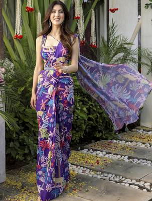 ready to wear purple georgette jungle print saree 1
