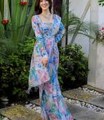 ready to wear sky blue georgette jungle print  saree