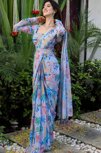 pre draped sky blue georgette jungle print saree