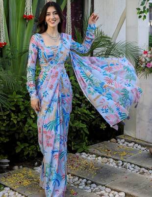 pre draped sky blue georgette jungle print saree 3