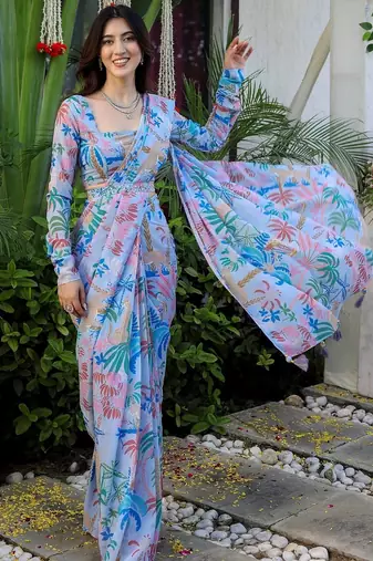pre draped sky blue georgette jungle print saree