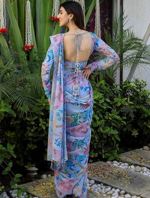 pre draped sky blue georgette jungle print saree 5