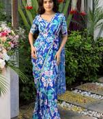 ready to wear blue georgette jungle print  saree