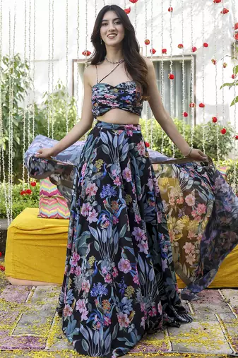 Digital Print Georgette Multi sequin LaceWork Lehenga Choli With Dupatta