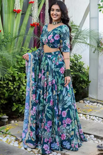 Digital Print Georgette Multi sequin LaceWork Lehenga Choli With Dupatta