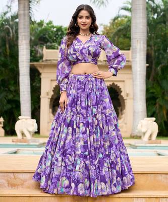 purple Floral Digital Print Georgettete Croptop Lehenga With Unstitched Blouse 1