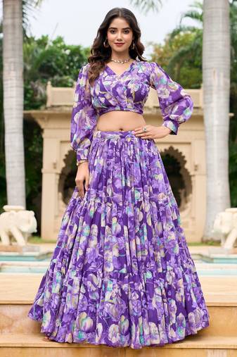 purple Floral Digital Print Georgettete Croptop Lehenga With Unstitched Blouse