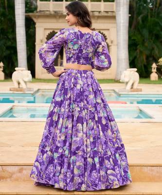 purple Floral Digital Print Georgettete Croptop Lehenga With Unstitched Blouse 3