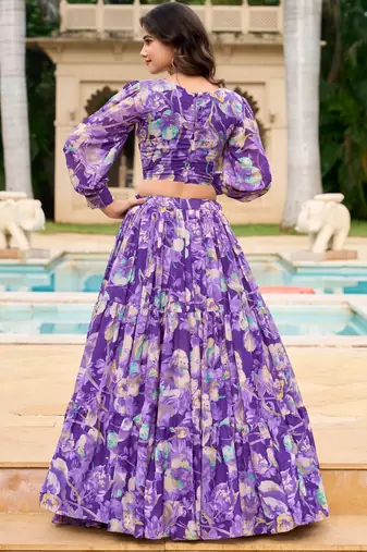 purple Floral Digital Print Georgettete Croptop Lehenga With Unstitched Blouse