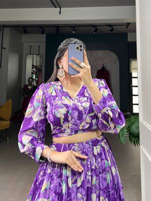 purple Floral Digital Print Georgettete Croptop Lehenga With Unstitched Blouse 4