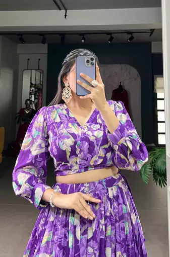 purple Floral Digital Print Georgettete Croptop Lehenga With Unstitched Blouse