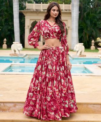 red Floral Digital Print Georgettete Croptop Lehenga With Unstitched Blouse 1