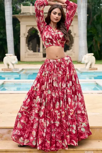 red Floral Digital Print Georgettete Croptop Lehenga With Unstitched Blouse