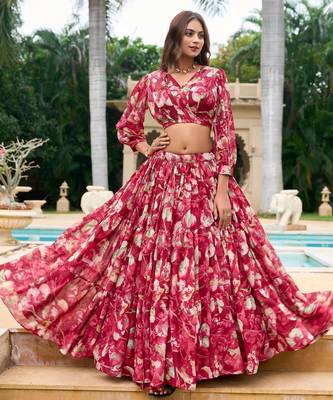 red Floral Digital Print Georgettete Croptop Lehenga With Unstitched Blouse 3