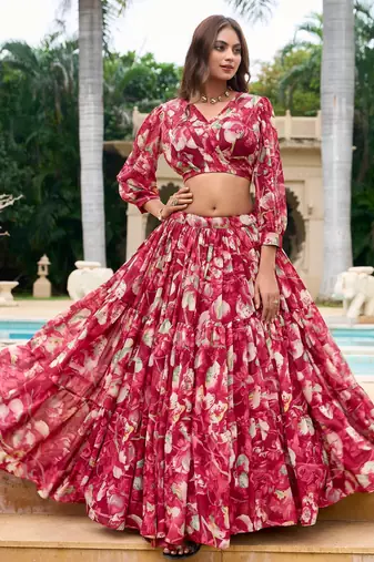 red Floral Digital Print Georgettete Croptop Lehenga With Unstitched Blouse
