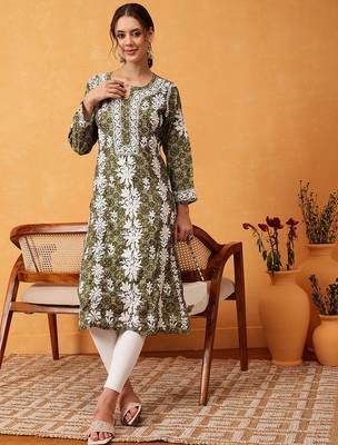 hand embroidered printed green chanderi lucknowi chikankari straight kurta 1