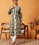 hand embroidered printed green chanderi lucknowi chikankari straight kurta