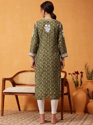 hand embroidered printed green chanderi lucknowi chikankari straight kurta 2