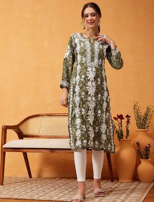 hand embroidered printed green chanderi lucknowi chikankari straight kurta 3