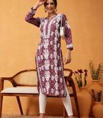 hand embroidered printed wine chanderi lucknowi chikankari straight kurta
