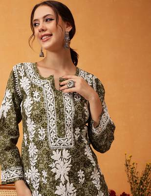 hand embroidered printed green chanderi lucknowi chikankari straight kurta 5