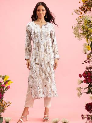 hand embroidered printed grey chanderi lucknowi chikankari straight kurta 1