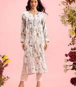 hand embroidered printed grey chanderi lucknowi chikankari straight kurta