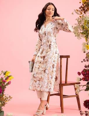 hand embroidered printed dusty peach chanderi lucknowi chikankari straight kurta 1