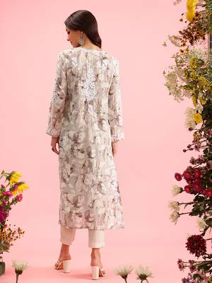 hand embroidered printed grey chanderi lucknowi chikankari straight kurta 2