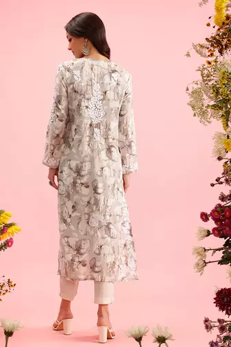 hand embroidered printed grey chanderi lucknowi chikankari straight kurta