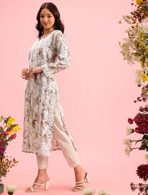 hand embroidered printed grey chanderi lucknowi chikankari straight kurta 3