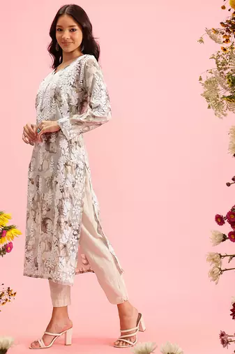 hand embroidered printed grey chanderi lucknowi chikankari straight kurta