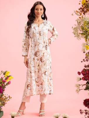 hand embroidered printed dusty peach chanderi lucknowi chikankari straight kurta 3