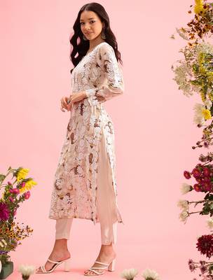 hand embroidered printed dusty peach chanderi lucknowi chikankari straight kurta 4