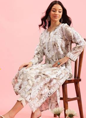 hand embroidered printed grey chanderi lucknowi chikankari straight kurta 5