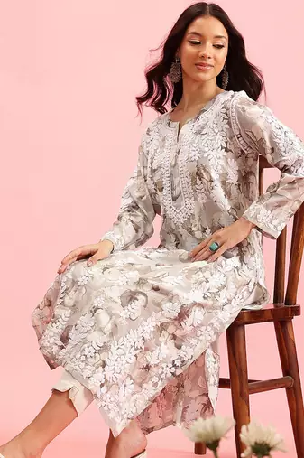 hand embroidered printed grey chanderi lucknowi chikankari straight kurta